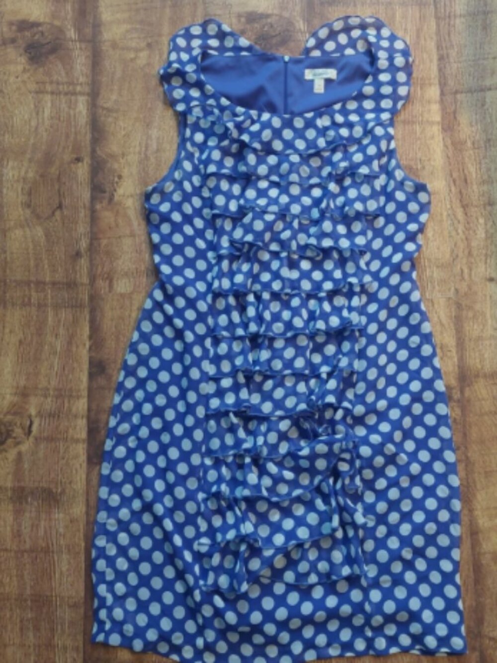 Dressbarn Sheer Lined Sleeveless Ruffle Sheath Dress Polka Dot Purple S M Sz 10